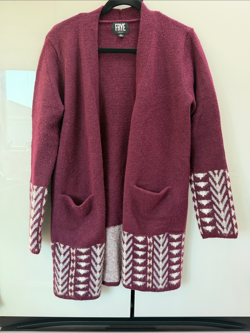 FRYE Burgundy Open-Front Cardigan with Cream Geometric Hem